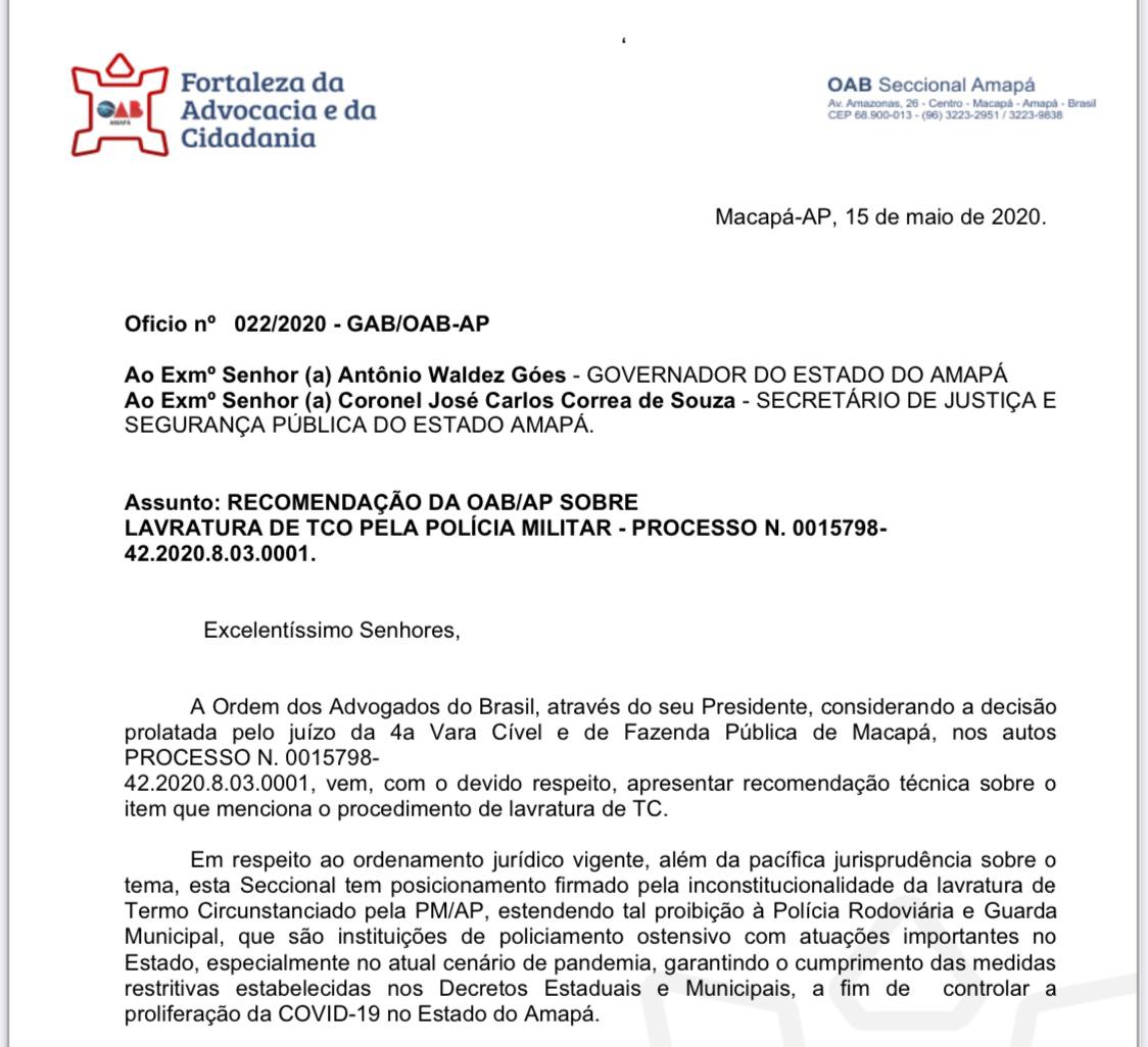 OAB/AP apresenta recomendação técnica sobre inconstitucionalidade de Termo  circunstanciado lavrado pela Polícia Militar